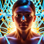 A person surrounded by glowing DNA strands, symbolizing inner strengths awakening, in a style reminiscent of a vibrant, positive psychology illustration.