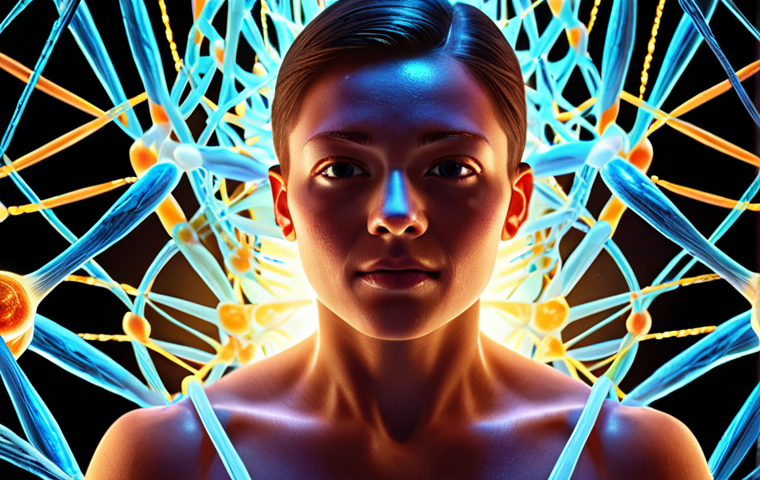 A person surrounded by glowing DNA strands, symbolizing inner strengths awakening, in a style reminiscent of a vibrant, positive psychology illustration.