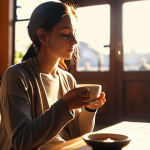 **A person meditating in a sunlit cafe, sipping tea, with a serene expression. Focus on the warm light and calming atmosphere. Soft focus.**